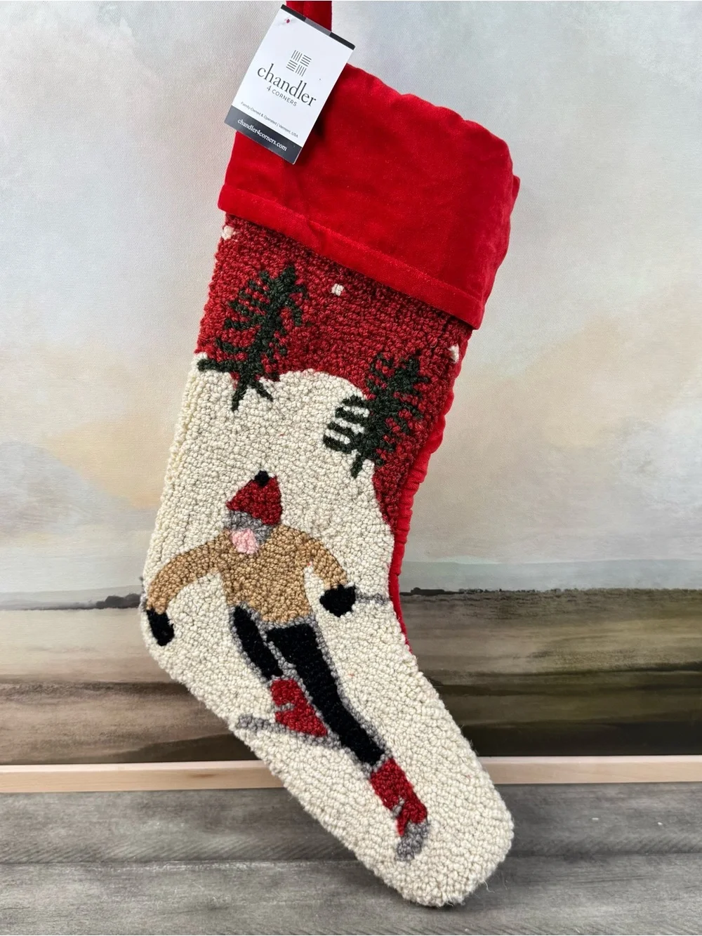 Mark & Graham Chandler 4 Corners Hand Hooked Christmas Stocking Skier NWT OB